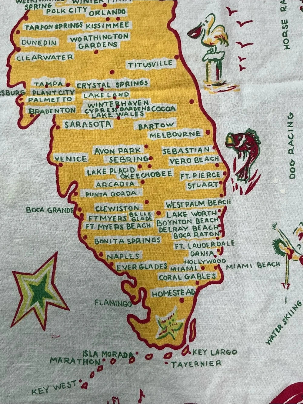 Vintage 1950s/60s Florida Souvenir Map Novelty Print MCM Cotton Tablecloth USA